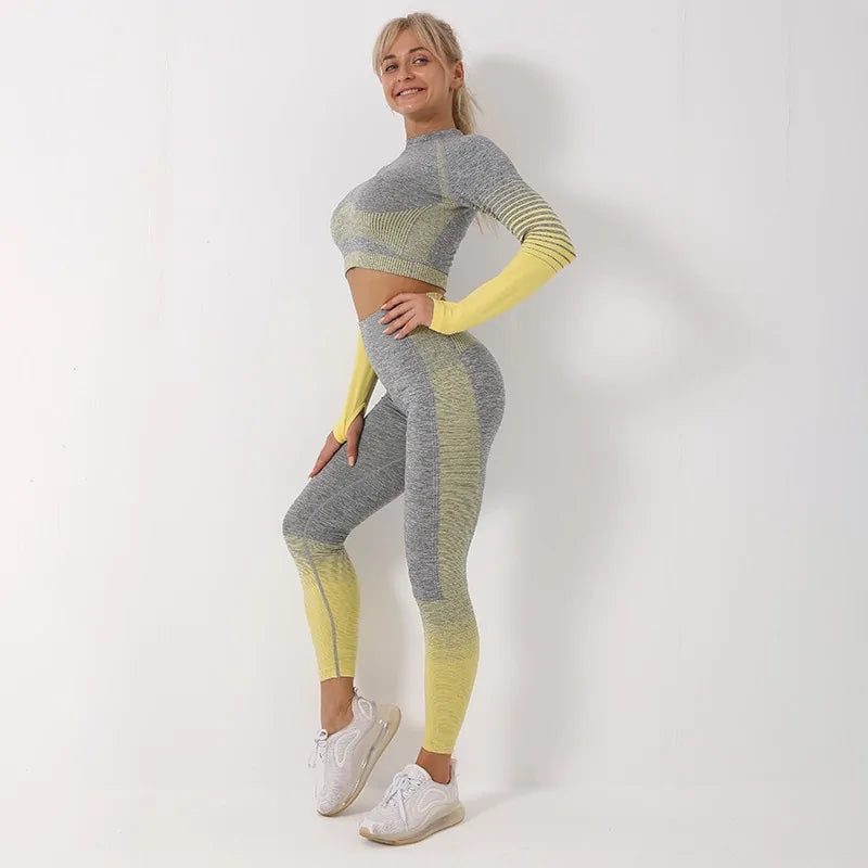 Seamless Ombre Long Sleeve Yoga Set: Women's High-Waisted Fitness Suit