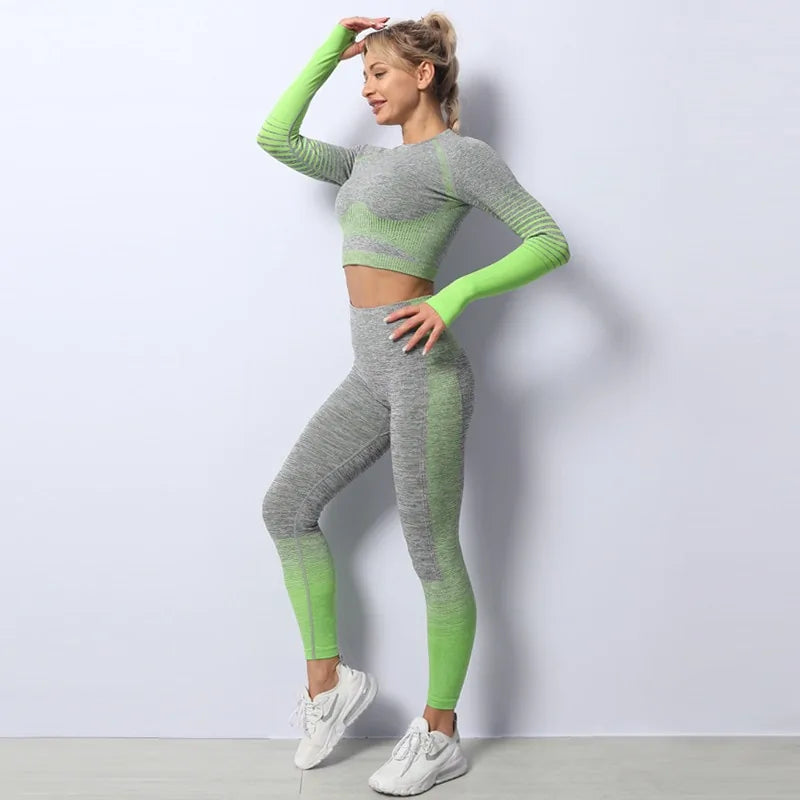 Seamless Ombre Long Sleeve Yoga Set: Women's High-Waisted Fitness Suit